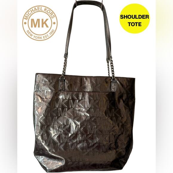 🩶MICHAEL KORS 🩶 Monogrammed Metallic Tote with Silver Chains - Picture 1 of 16